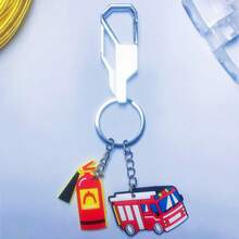 1入組鋅合金鑰匙扣，滅火器、消防帽、消防服、消防車配對鑰匙鏈，適用於家用、汽車鑰匙鏈，多樣配對及多功能鑰匙扣，鋅合金鑰匙扣鑰匙鏈 - 銀色/消防車鑰匙圈1 - 查看 3