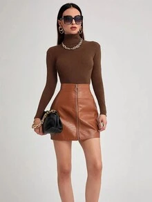 Suéter De Punto Acanalado De Cuello Alto De Color Sólido Para Mujer,Jersey de cuello tortuga tejido de canalé - Café integral - Ver 2