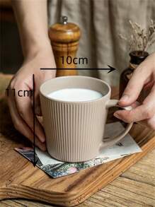 1pc Nordic Style Striped Relief Ceramic Mug With High Aesthetic Value And Large Capacity, Ideal For Breakfast Or Coffee Time At Home - Coffee Brown - View 2