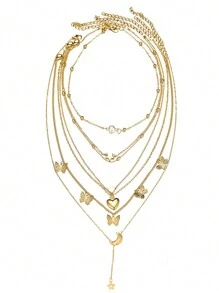 6pcs/Set Fashionable Star, Moon, Faux Pearl, Heart & Butterfly Pendant Necklace