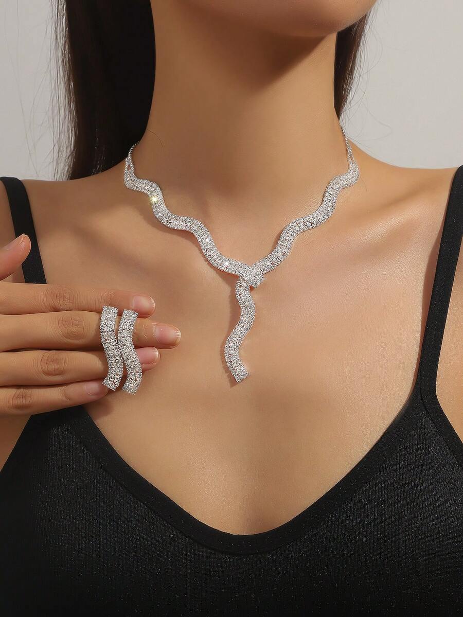 3 件組鑽石項鍊和耳環套裝 - 銀色 - 查看 1