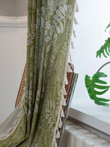 1 件绿色叶子印花窗帘，波西米亚风半透明农舍风格流苏窗帘，米色，适用于客厅、卧室、飘窗、餐厅、厨房、节日装饰，四季皆宜 - 綠色 - 查看 11