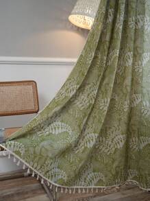 1 件绿色叶子印花窗帘，波西米亚风半透明农舍风格流苏窗帘，米色，适用于客厅、卧室、飘窗、餐厅、厨房、节日装饰，四季皆宜 - 綠色 - 查看 2