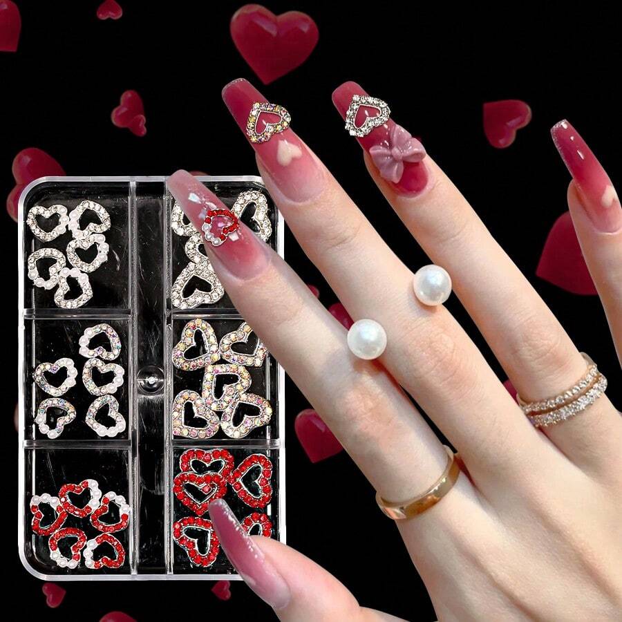30入組3d心型美甲裝飾,金色和銀色指甲裝飾心型美甲配件,水鑽指甲裝飾,適用於女性,女孩,情人節美甲圖案設計,diy工藝珠寶