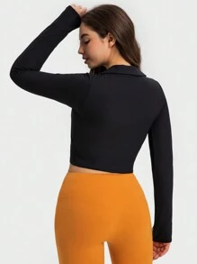 女性瑜伽上衣運動長袖上衣短款健身服 - 黑色 - 查看 2
