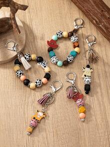 1 Piece Western Cow Pattern Cowboy Hats Cute Highland Cow Tassel Decor Wooden Beads Key Chain Key Ring Backpack Decoration Gift For Cowgirl Mother Daughter Friends - Multicolor - View 8