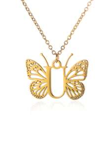 1入單一金色不銹鋼字母a-z首飾蝴蝶墜項鍊,適合女性,節日禮物 - 金色 - 查看 31