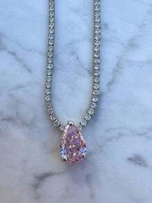 鈦鋼網球鋯石項鍊,配綠寶石鋯石,短式立領頸鏈,保色鋼鏈,奢華風格 - 杏色 - 查看 9