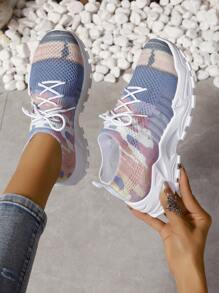 Women's Colorful Painted Mesh Sneakers, Color Block Low-Cut Casual Shoes, Outdoor Comfortable Running Shoes - color - View 1