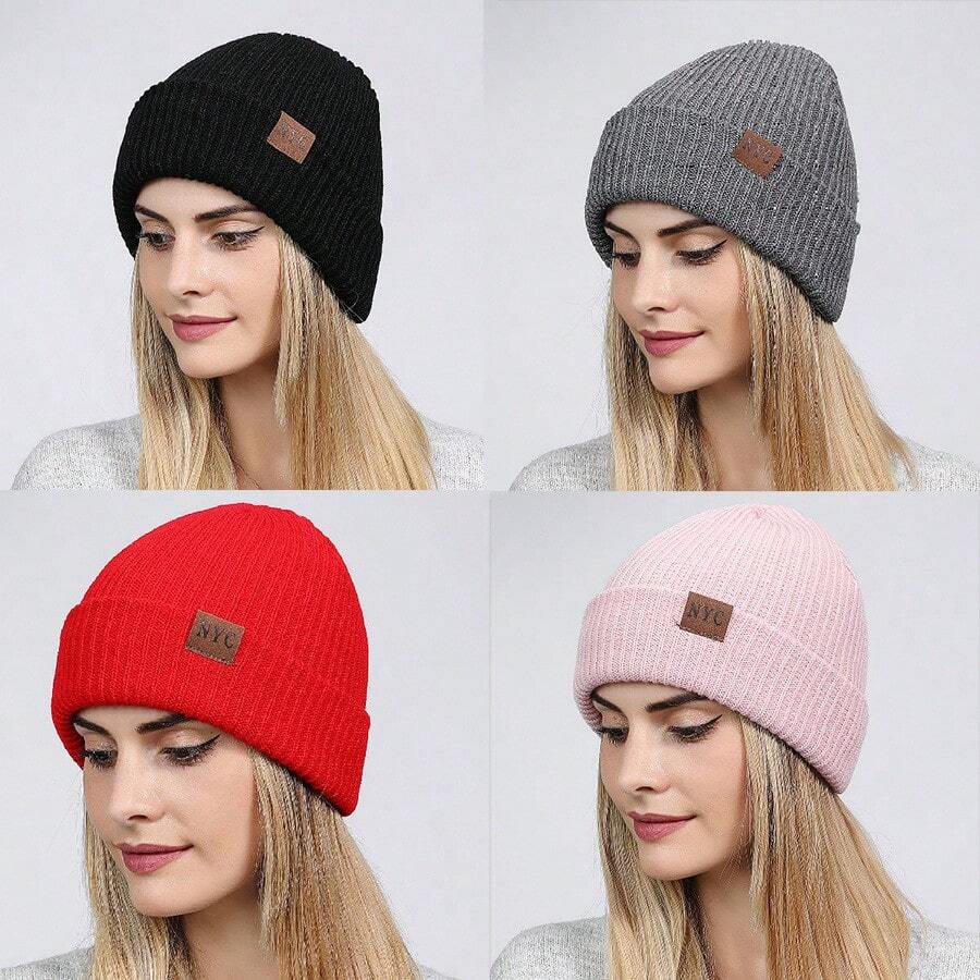 1入組紐約黑色新字母紐約真皮標牌針織帽,男女適用的休閒多功能嘻哈滑雪保暖帽 - 黑色 - 查看 1