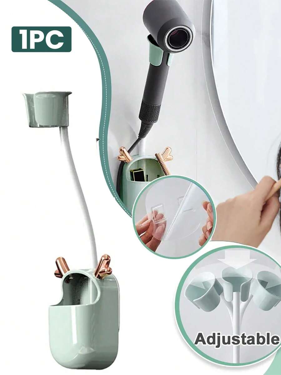 1 件壁掛式多功能浴室收納架收納架,無鑽孔設計,吹風機支架 - 綠色 - 查看 1