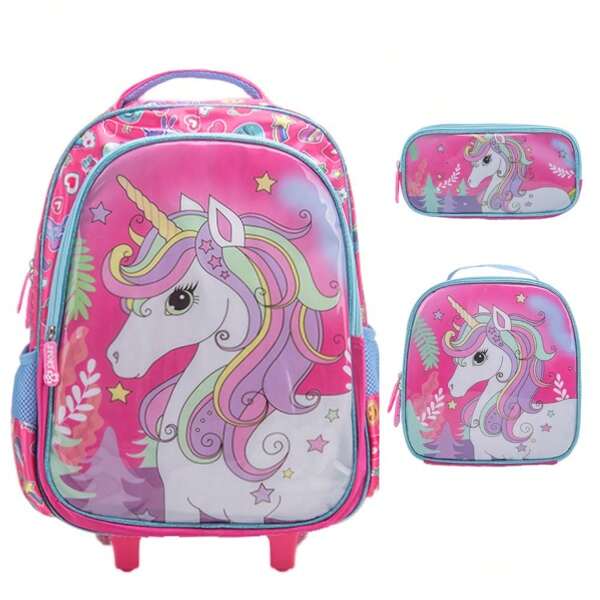 Mochila de Rodinha Infantil Menina Kit Escolar Mochila + Lancheira + Estojo Impermeável