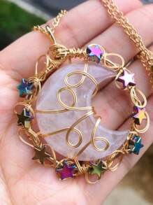 Crystal Amethyst Moon Star Life Tree Mix Material Healing Stones Chips Pendant Necklace