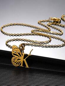 1入單一金色不銹鋼字母a-z首飾蝴蝶墜項鍊,適合女性,節日禮物 - 金色 - 查看 5