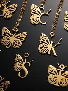 1入單一金色不銹鋼字母a-z首飾蝴蝶墜項鍊,適合女性,節日禮物 - 金色 - 查看 3