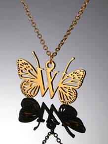 1入單一金色不銹鋼字母a-z首飾蝴蝶墜項鍊,適合女性,節日禮物 - 金色 - 查看 7