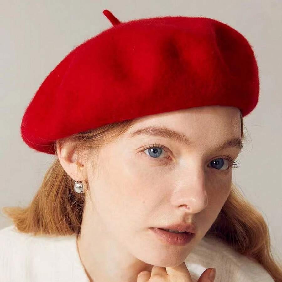 1頂女士熱紅色羊毛時尚貝雷帽,適合日常和節日穿著,優雅 - 紅色 - 查看 1