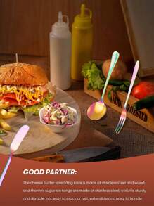 起司奶油塗抹刀套裝 熟食配件 不鏽鋼塗抹刀 熟食板 用具 迷你服務鉗 糕點製作用湯匙和叉子（金色） - 彩色 - 查看 6