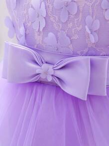 Baby Girl Solid Color Floral Applique Bowknot Puffy Cap Sleeve Princess Dress, Suitable For Party And Holiday, Excluding Hair Accessories