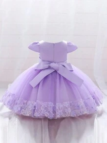 Baby Girl Solid Color Floral Applique Bowknot Puffy Cap Sleeve Princess Dress, Suitable For Party And Holiday, Excluding Hair Accessories