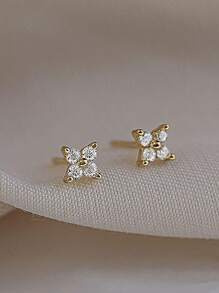 1 Pair S925 Sterling Silver Earrings, Fashionable & Popular Delicate Geometric Flower & Four-Leaf Clover Design, Jewelry Gift For Women, Suitable For Daily Wear - Gold - View 8