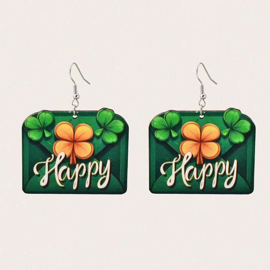 2 件裝新款時尚聖派翠克節主題愛爾蘭派對假日木製女士耳環吊式耳環 - 1 - 查看 1