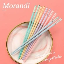 Morandi Toned Alloy Chopsticks, 5 Pairs, Amber Colored Transparent Cherry Blossom Design - Multicolor - View 2