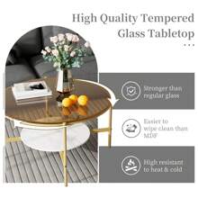 Round Coffee Table 2-Tier Coffee Accent Table W/ Tempered Glass Top Sintered Stone End Table Metal Frame Center Table For Bedroom, Offices Display - Gold - View 6