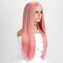 26吋粉色合成纖維直髮假髮,自然中分適合女性,適用於日常佩戴、萬聖節、cosplay、化裝舞會等場合 - 粉色 - 查看 5