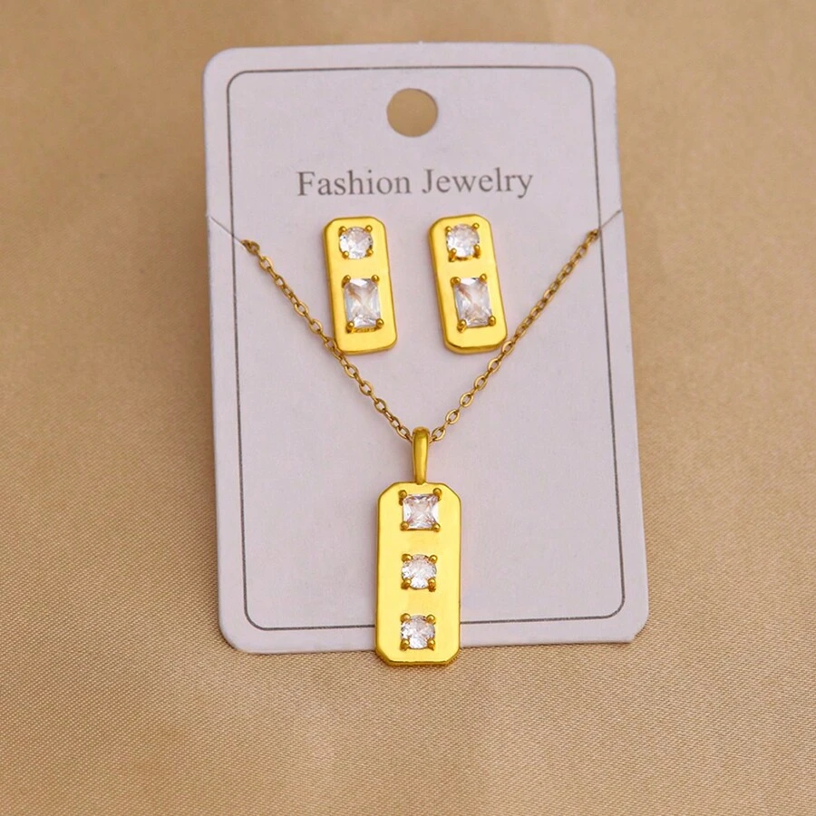 1 Set Elegant Minimalist Ins Style Geometric Square Shape Copper With Stone Earrings And Pendant Necklace Set For Couples Suitable For Daily, Festivals Such As Valentine'S Day, Christmas And Mother'S Day Gift - Yellow Gold - View 1