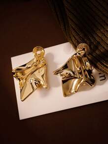 1 对夸张不对称造型非穿孔镀铜夹式耳环，表面闪亮，适合女性日常佩戴 - 金黃色-耳夾 - 查看 7