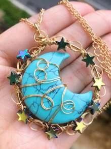 Crystal Amethyst Moon Star Life Tree Mix Material Healing Stones Chips Pendant Necklace