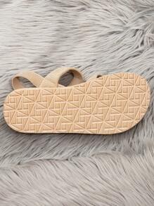 女士舒适坡跟凉鞋，弹性绑带简约套脚凉鞋，圆头夏季沙滩拖鞋 - 米色 - 查看 6