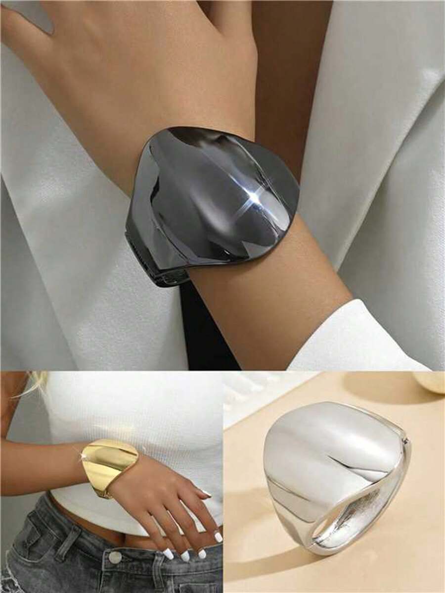 1pc Fashionable Women Geometric Wide Face Rhombus Smooth Zinc Alloy Street Personalized Exaggerated High-Quality Retro Luxury Concise Elegant Lady Bracelet Suitable For Daily Commute, Gathering, Romantic Travel, Business Meeting, Fashion Show - Silver Shield - View 1