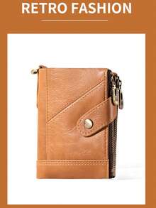 Men's Short Genuine Cowhide Leather Wallet With Multi-Function, Anti-Theft, Large Capacity Card Slot, Coin Pocket, And Card And Cash Holder, Simple And Stylish Khaki Color - Khaki - View 2