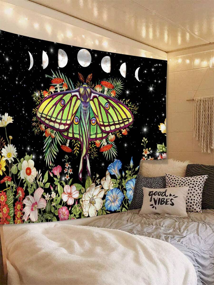 1入組動物、蝴蝶、植物、花朵、月亮設計的紡織壁掛,附帶3個壁釘和2個夾子,印花矩形牆壁裝飾,適用於客廳、臥室、廚房,帶有垂墜感 - 彩色 - 查看 1