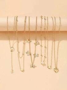 6pcs/Set Fashionable Star, Moon, Faux Pearl, Heart & Butterfly Pendant Necklace