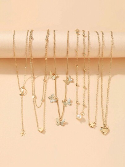 6pcs/Set Fashionable Star, Moon, Faux Pearl, Heart & Butterfly Pendant Necklace