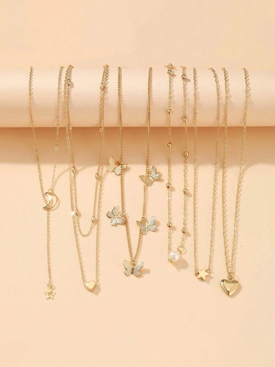 6pcs/Set Fashionable Star, Moon, Faux Pearl, Heart & Butterfly Pendant Necklace