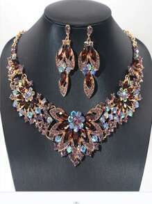 3pcs,Vintage Style Bridal Necklace Earrings Set Exaggerated Crystal Jewelry Set For Wedding - Purple - View 1