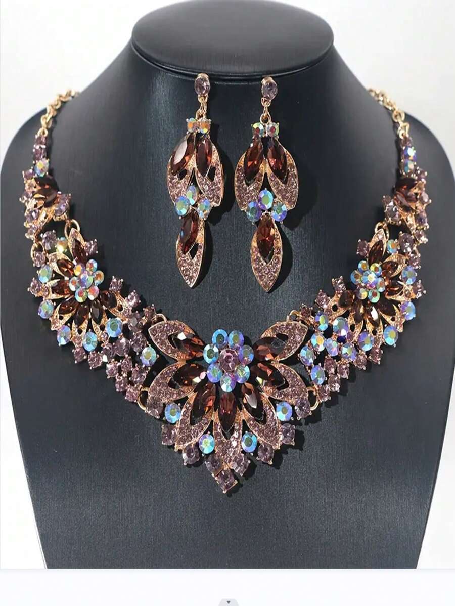 3pcs,Vintage Style Bridal Necklace Earrings Set Exaggerated Crystal Jewelry Set For Wedding - Purple - View 1