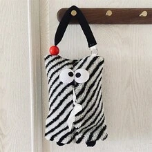 1pc Diagonal Stripe Cute Monster Tissue Box, Hanging Roll Tissue Holder, Car Tissue Dispenser, Portable Tissue Bag - Black and White - View 4