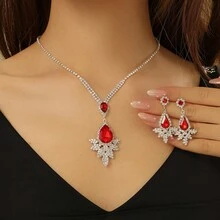 1 Pair Of Earrings + 1 Necklace Elegant Jewelry Set Silver Plated Inlaid Rhinestone Blue Or Red Make Your Call Match Daily Outfits Party Accessories - Royal Blue - View 1