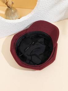 1頂女性純色羊毛英倫風復古八角鴨舌帽,適合日常穿著 - 酒紅色 - 查看 3