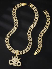 1 套男女通用 13 毫米个性化嘻哈精致皇冠和首席执行官字母全水钻吊坠项链手链组合，欧美街头风格，适合万圣节、圣诞节、感恩节，作为精美礼物