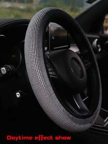 1pc Plush & Diamond Inlaid Non-Slip Car Steering Wheel Cover With Shiny Rhinestones Comfortable Soft Car Interior Accessory For Women - Grey - View 4