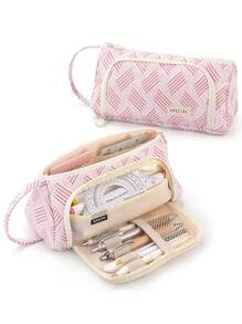 Simple Stripe Pencil Case Pen Bag Front Open Side Handle Storage Pouch Organizer For Stationery School Travel - Pink - View 1