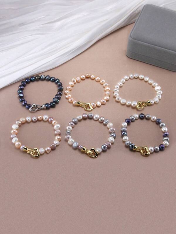 1pc 18K Gold Plated Natural Faux Pearl Heart Clasp Bracelet For Women, Suitable For Daily Wear, Events, Valentine's Day, Mother's Day, Birthday, Wedding, Engagement, Bridal Gift