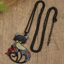 復古可愛貓咪搪瓷長項鍊,適用於女性節日飾品
