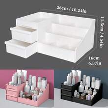 1pc Plastic Bathroom Vanity Table Cosmetic Storage Box With 2 Drawers, Jewelry Organizer Storage Box For Lipstick, Eyebrow Brush, Makeup Brush, Eye Shadow, Nail Polish, Desktop Dictionary Storage Box For Office - White - View 3